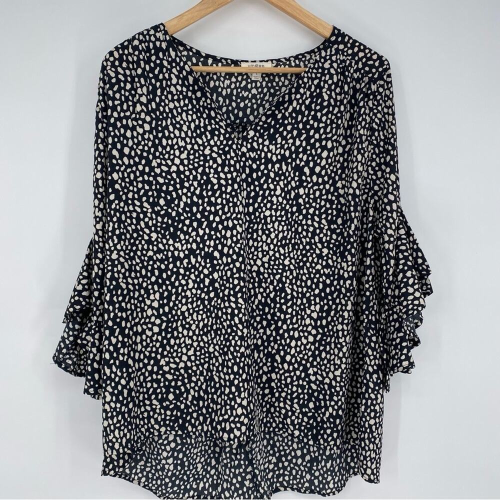 Umgee Tunic Top Animal Spotted Print Trumpet Sleeve Black & White‎ Oversized L